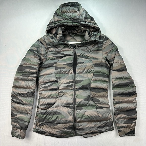 LULULEMON sz 4 CAMO "FLUFFIN' AWESOME" 800-FILL Down Jacket Camouflage Hooded - Picture 1 of 10